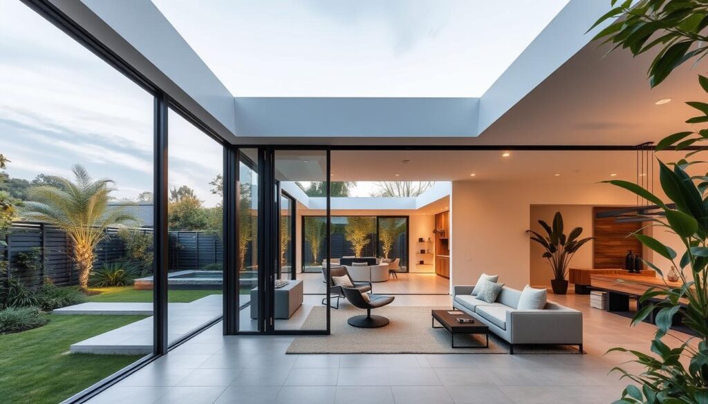 Moderne Glas-Schiebetüren im Gartenhaus