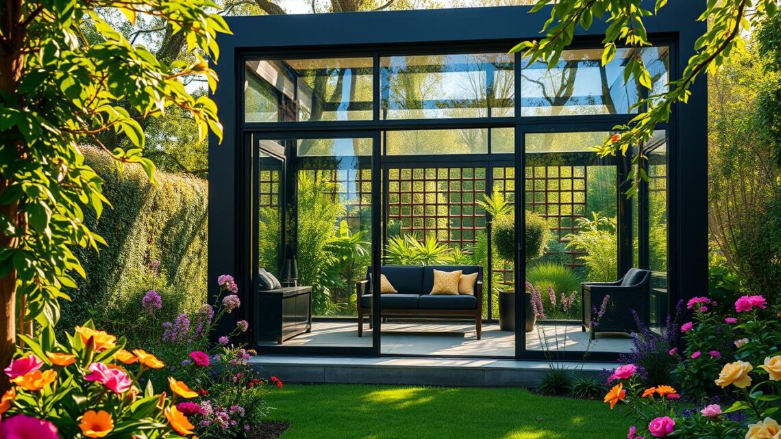Glaspavillon mit Schiebetüren – Elegantes Gartenerlebnis Glaspavillon mit Schiebetüren – Elegantes Gartenerlebnis