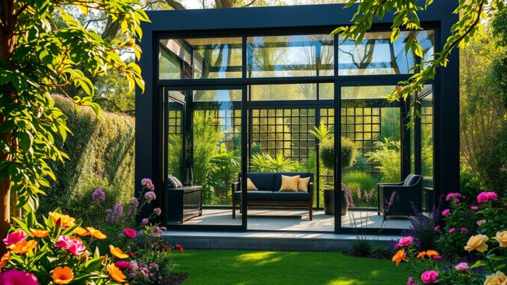 Glaspavillon mit Schiebetüren – Elegantes Gartenerlebnis
